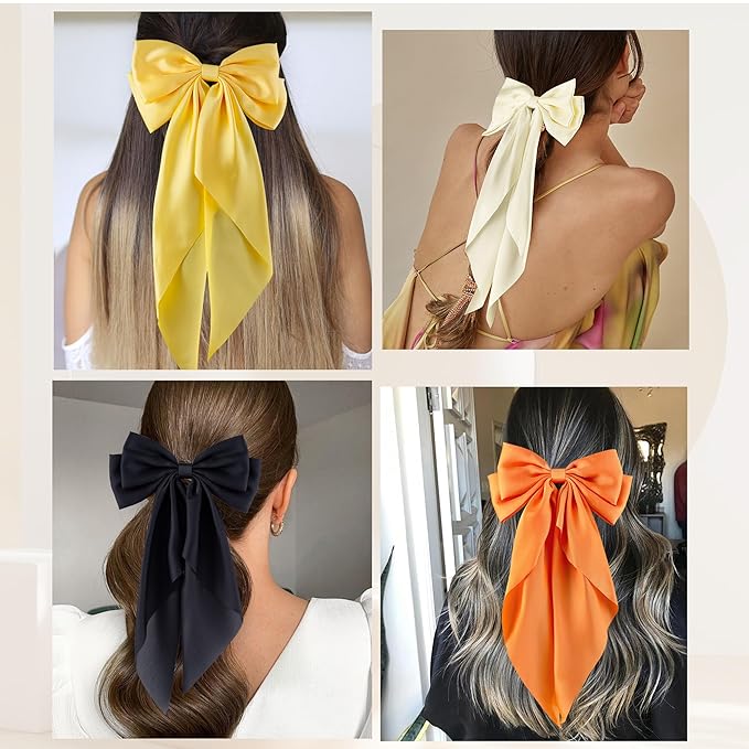6Pcs Large Bows Hair Clips for Women Girls Long Tail Hair Ribbon Silky Satin Barrettes Coquette Bows Accessories (Black/Orange/Yellow/White)