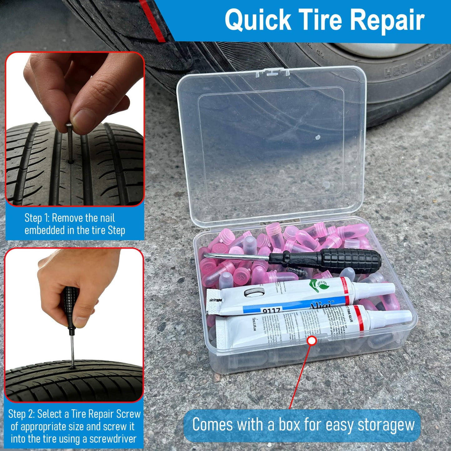 LOGOL 60 Pcs Tire Repair Rubber Nail, Tire Repair Rubber Nail Kit with Tire Glue,Tire Repair Screws are Suitable for Quickly Repairing Punctures in Car, Motorcycle, and SUV Tires