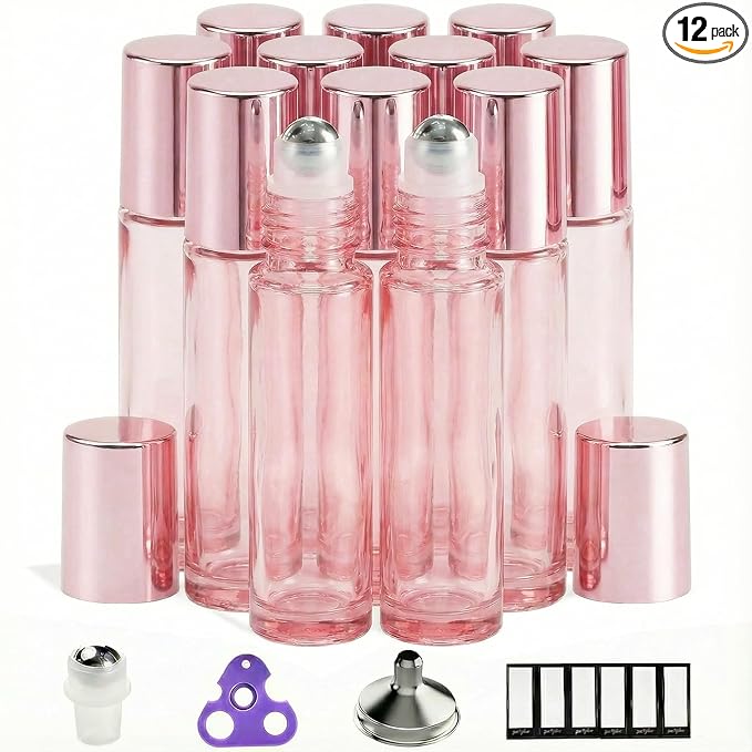 PrettyCare 12 Pack, 10 ml Essential Oil Roller Bottles with Stainless Steel Roller Ball - Refillable Leak-proof Empty Thick Pink Glass Roll on Bottles with Pink Caps for Travel, Perfume