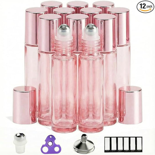 PrettyCare 12 Pack, 10 ml Essential Oil Roller Bottles with Stainless Steel Roller Ball - Refillable Leak-proof Empty Thick Pink Glass Roll on Bottles with Pink Caps for Travel, Perfume