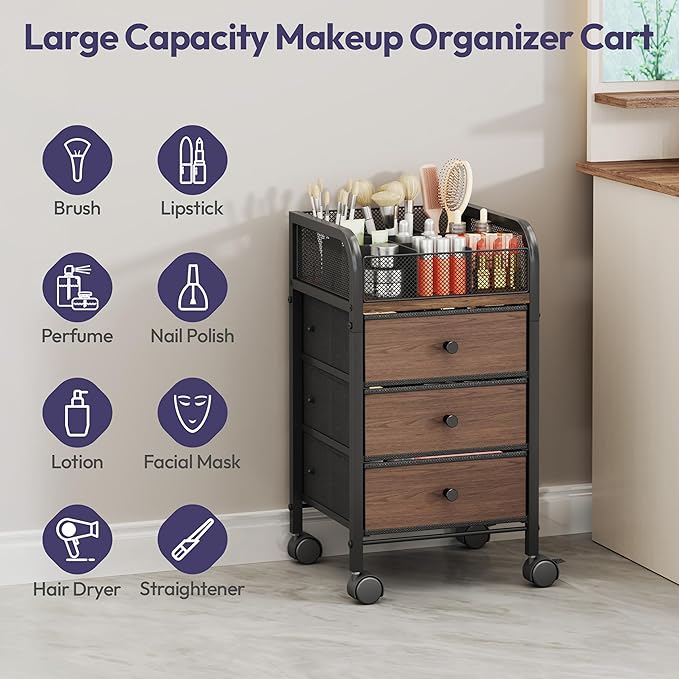 SWTYMIKI Rolling Makeup Organizer Cart - Under Desk Vanity Makeup Storage with 3 Non-woven Drawers, Nail Cart Organizer Cosmetic Display Cases Cabinet for Skin Care Perfume Nail Polish Brush Hair Tool