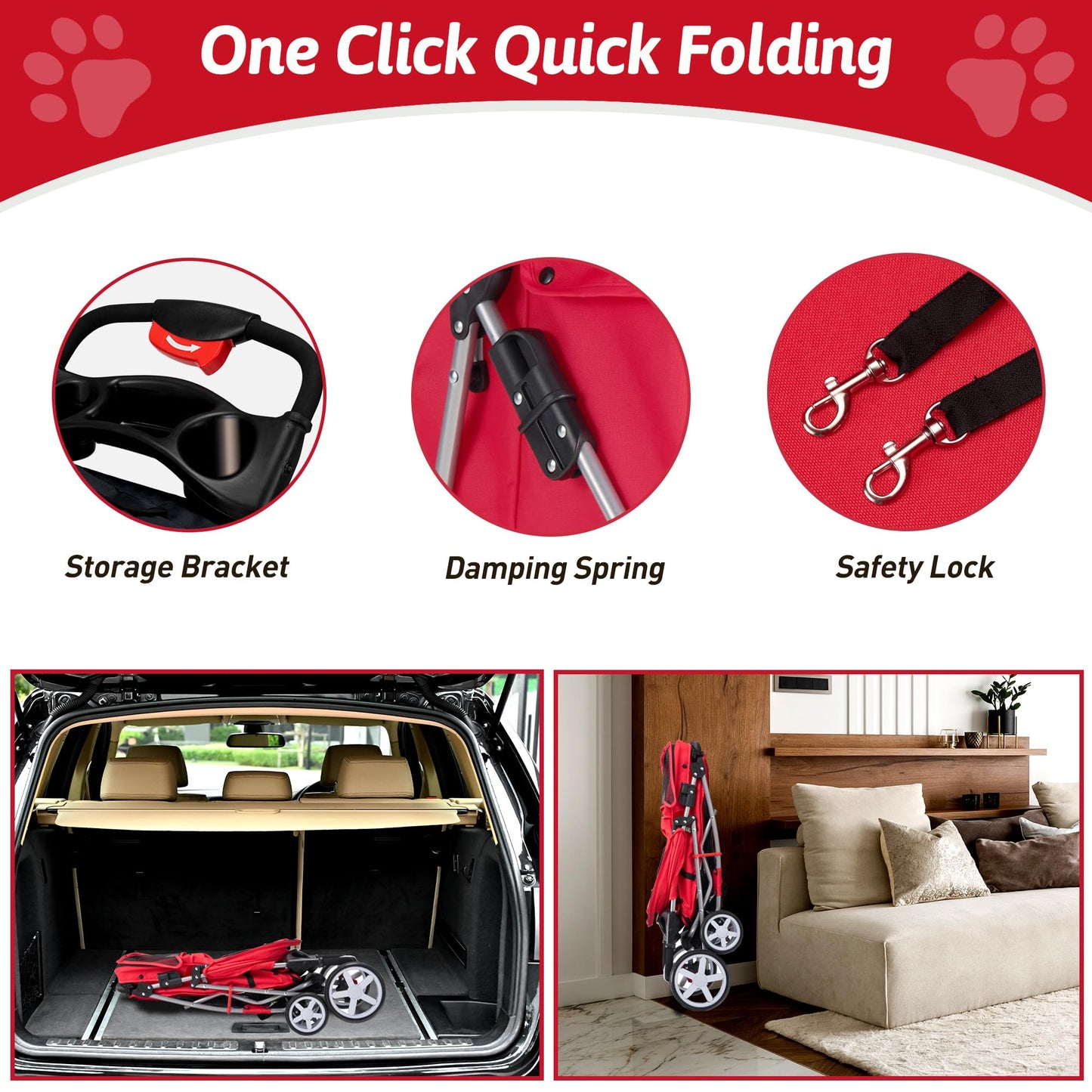 Azaeahom Pet Stroller, 4 Wheels Pet Strolling Cart for Medium/Small Dogs and Cats, Foldable Cat Jogger/Dog Stroller with Cup Holder, Storage Basket, Breathable Mesh, All-Season Pet Carrier, Red