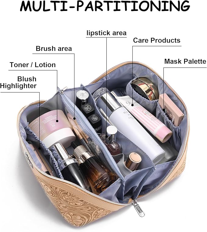 BOYATU Travel Makeup Bags Cosmetic Organizer Bag: 3 Pcs Set Large Capacity Floral Make up Bag with Compartments - Waterproof Leather Toiletry Bags with Handle for Women (17-Apricot)
