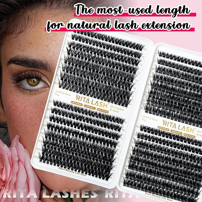 RITALASH Lash Extension Kit 50D+60D+80D+100D DIY Lash Clusters 640pcs Cluster Lashes Individual Lashes Eyelash Extension Kit with Lash Bond and Seal,Lash Tweezers(50D+60D+80D+100D Kit,10-16mm Mixed)