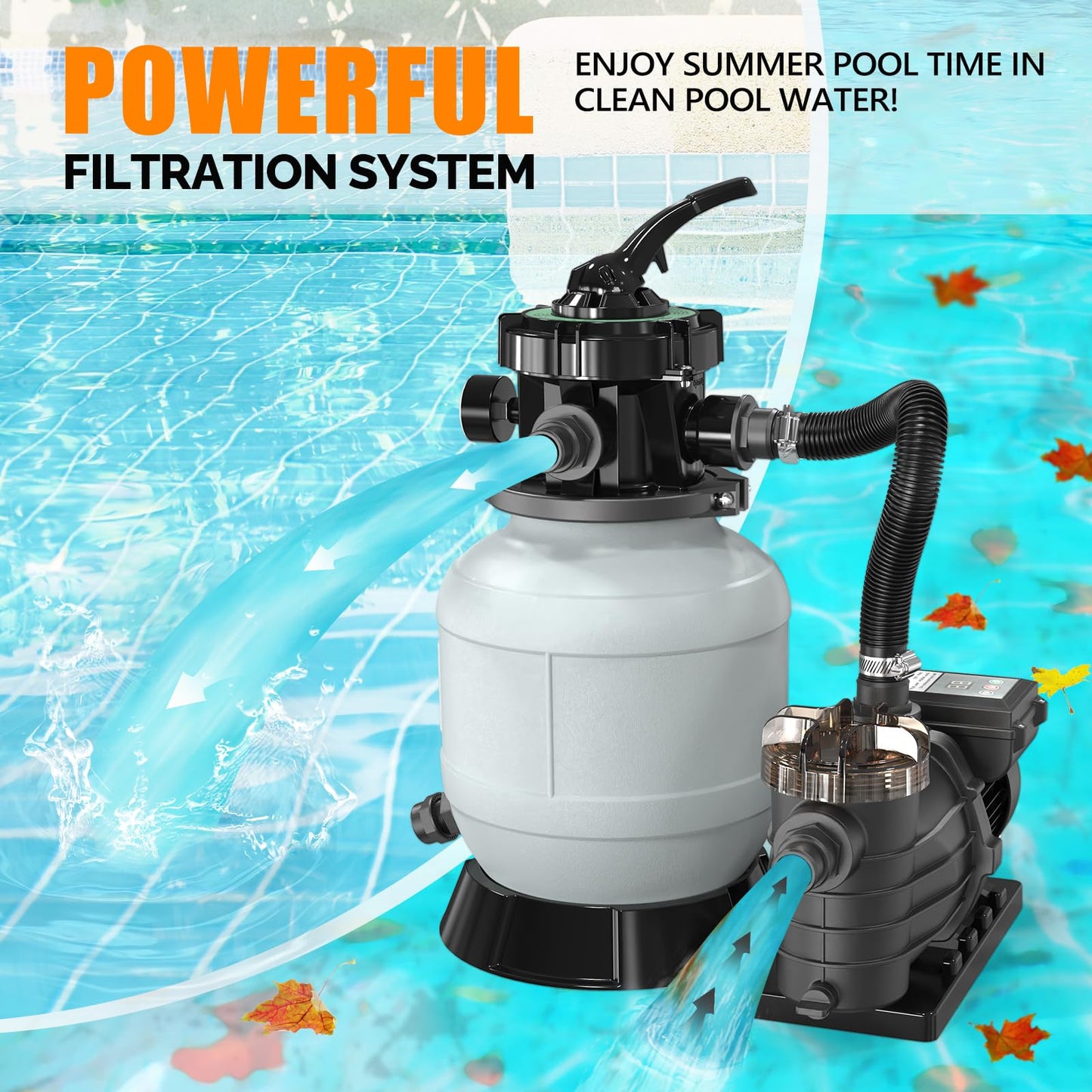 (24H Timer) VINGLI 10 in Sand Filter Pump with Filter Balls, 1189 GPH 1/3 HP High Flow Pool Pump with 7-Way Valve for Above Ground Swimming Pools Up to 6600 Gallons