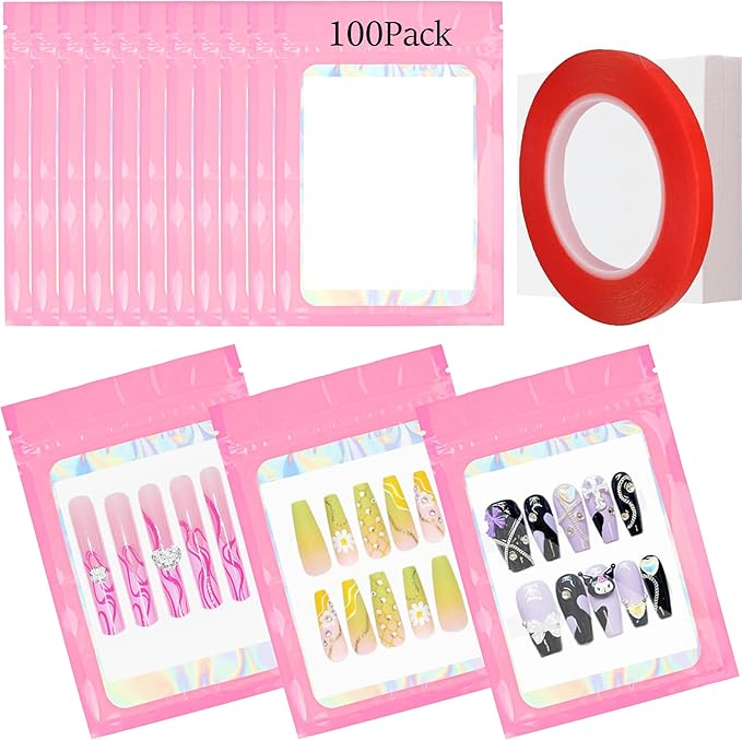 Qenk 100PCS Empty Holographic Nail Storage Bag Press on Nail Packaging Bag and 100PCS Shiny white cardboard Nail Tips Packaging Bags with 1 Roll Transparent Tape (Pink)