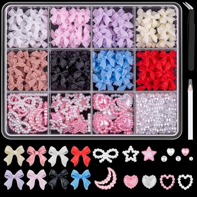 600 Pcs 3D Nail Charms and Flatback Pearls Set 1, 8 Colors Nail Bow Charms + Pink&White Star Heart Moon Cute Nail Charm Jewels + 2-4mm White Nail Pearls for Nail Art DIY Decoration with Pickup Tools
