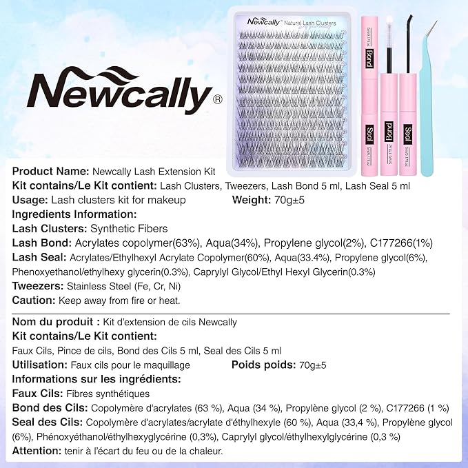 Natural Lash Clusters Kit Wispy Lash Extension Kit Cluster Eyelash Extension C-curly Cluster Lashes Kit DIY Eyelash Extension Kit Natural Eyelash Clusters with Lash Bond and Seal by Newcally