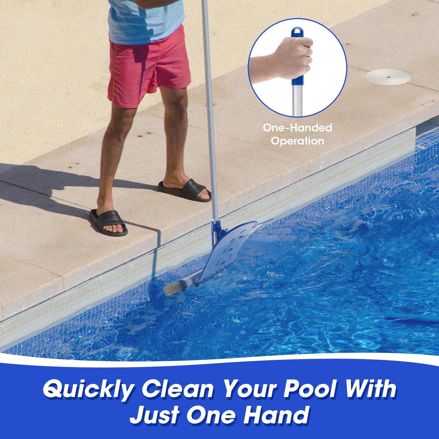 Pool Brush with Brush Tail for Cleaning Pool Walls Using Water Pressure, 18" Tough Plastic Bristles Pool Brush Head with EZ Clips Fit Most Poles (Pole not Included)