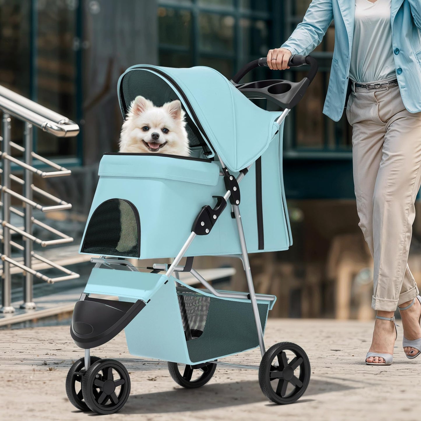 Magshion 3-Wheel Pet Stroller, Foldable Travel Jogger for Small & Medium Dogs & Cats (Up to 33lbs), Lightweight Carrier with Breathable Mesh Cover, Cup Holder & Storage Basket, Mint Green