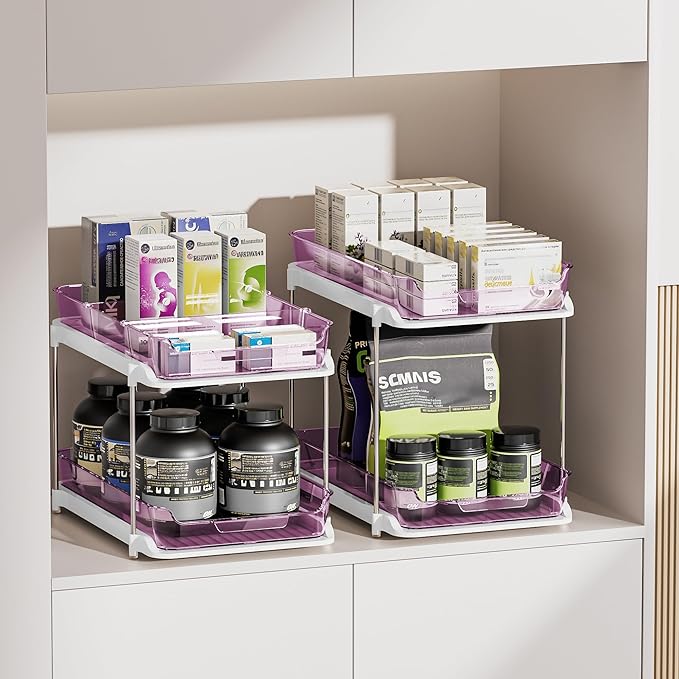 Delamu 2-Tier Multi-Purpose Bathroom Under Sink Organizers and Storage, Stackable Kitchen Pantry Organization, Pull Out Medicine Cabinet Organizer with Movable Dividers, Purple, 2 Pack