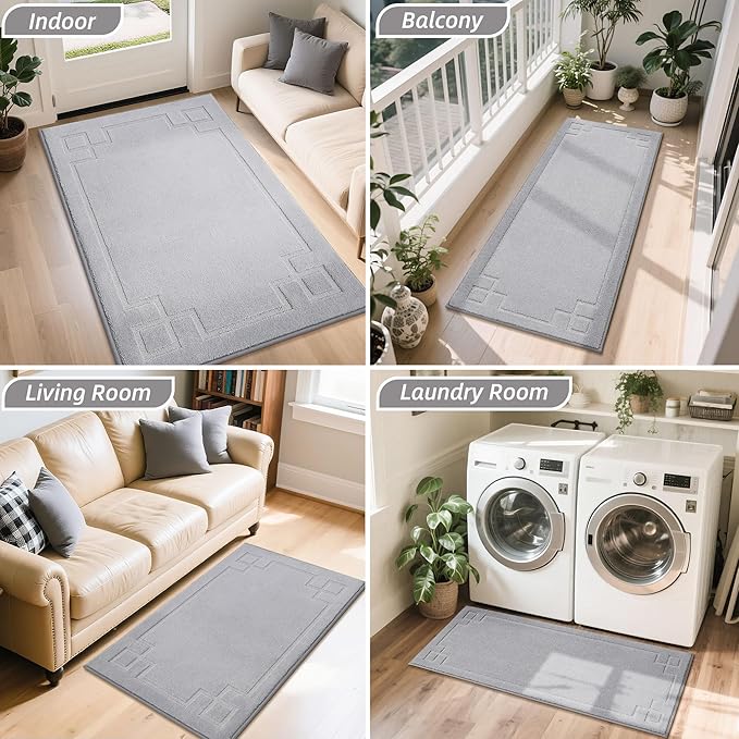 BEQHAUSE Door Mat 24" x 60", Non-Slip Door Mats Indoor Entryway Rugs Washable Low-Profile Absorbent and Stain Resist Floor Mats, Dog Door Mat for Front Back Door, Mud Wet Shoes & Paws, Light Grey