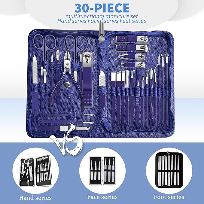 30Pcs Manicure Pedicure Kit，Nail Clippers Kit Professional and Stainless Steel Nail Care Tools，Toenail Clipper Cutters Men's Accessories Whit Beauty Tools Luxurious Travel Case (Blue)