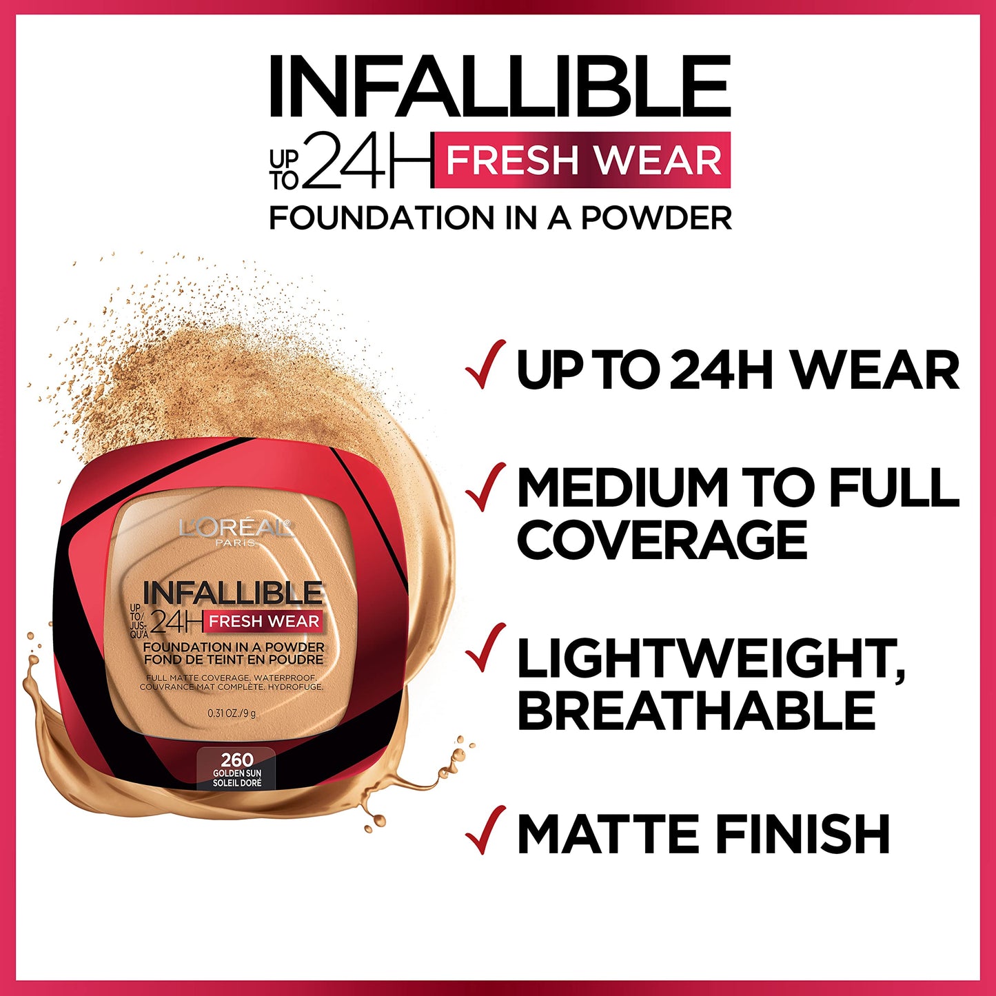 L'Oreal Paris Makeup Infallible Fresh Wear Foundation in a Powder, Up to 24H Wear, Waterproof, Porcelain, 0.31 oz. (Packaging May Vary)