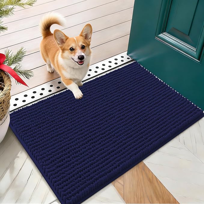 OLANLY Dog Door Mat for Muddy Paws 24x16, Ultra Absorbent Chenille Mud Doormat, Non-Slip Washable and Dirt Trapping Doormat for Indoor Entryway, Quick-Dry Indoor Pet Bed Mats for Dogs, Navy Blue