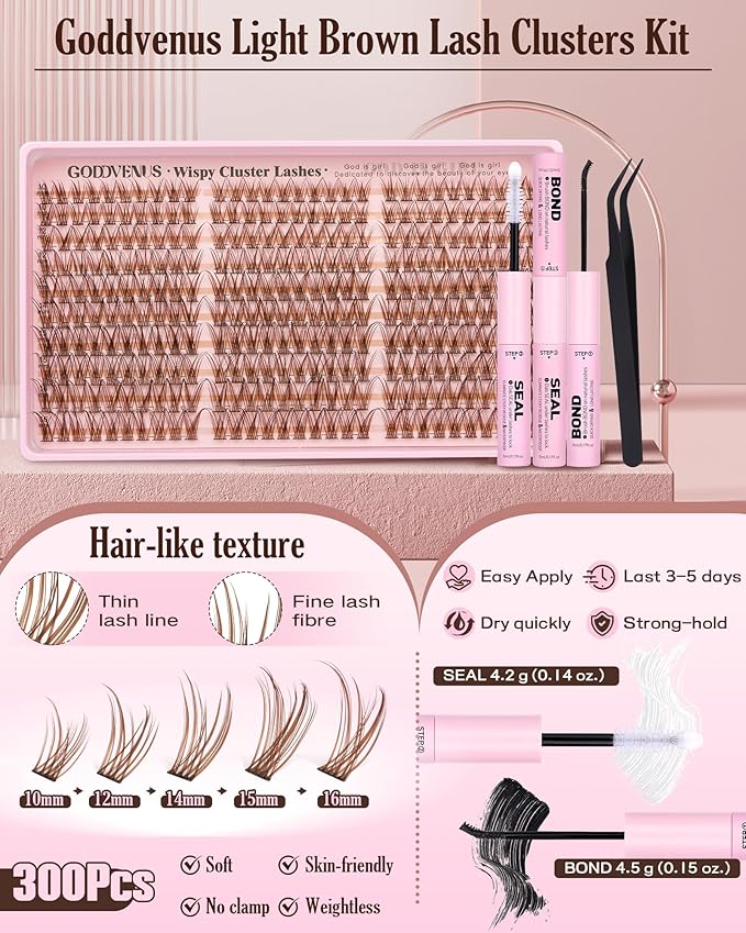 Brown Lash Clusters Kit Natural 300Pcs Wispy Lashes Cluster Eyelash Cluster Extensions Kit C Curve Individual Lashes Extensions Kit For DIY Waterproof & Long - Lasting (Light Brown10-16mm)
