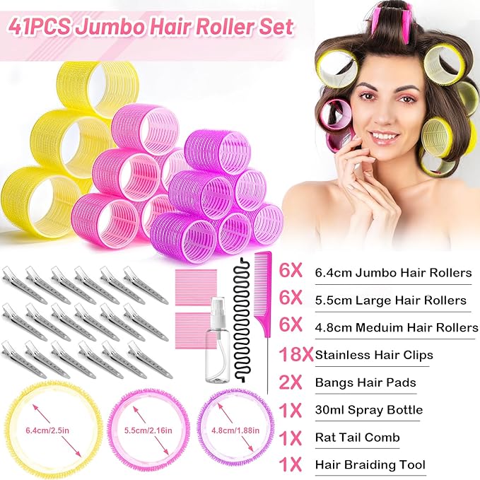41 Pcs Jumbo Hair Curlers Rollers with Clips Big Hair Rollers with 3 Sizes 64mm 55mm 48mm, Self Grip Hair Roller for Long Medium Short Thick Thin Bangs Volume, Hair Roller with Comb Braid Tool