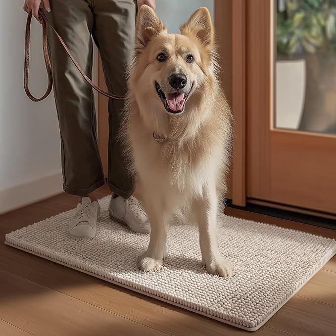 EHEYCIGA Super Absorbent Dog Door Mat for Muddy Paws 36x24 Inch Indoor, Front Doormat Outside Entrance, Quick Dry Chenille Washable Dog Crate Bed, Non-Slip Pet Rug Mud Mat Outdoor Entryway, Beige