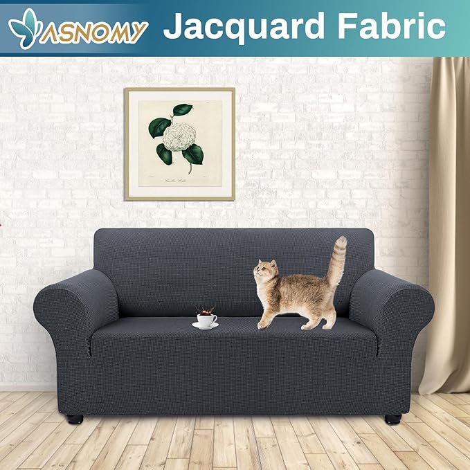 Asnomy Sofa Covers for 2 Cushion Couch Stretch loveseat Covers Slipcovers, Pet Protector Furniture Covers for Dogs Cats Spandex Jacquard Fabric Small Checks （Medium，Charcoal Ash）