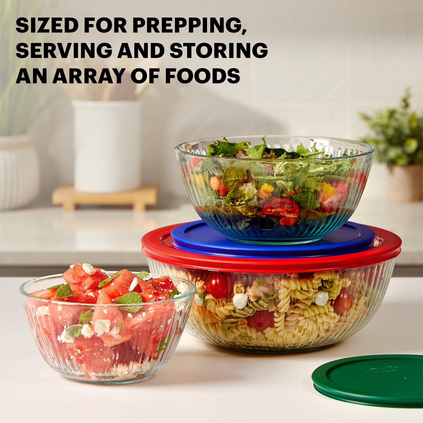 Pyrex Sculpted (3-Pack) Glass Mixing Bowls Set With Lids For Prepping, Baking and Cooking, Preheated Oven, Dishwasher, Freezer, and Microwave Safe