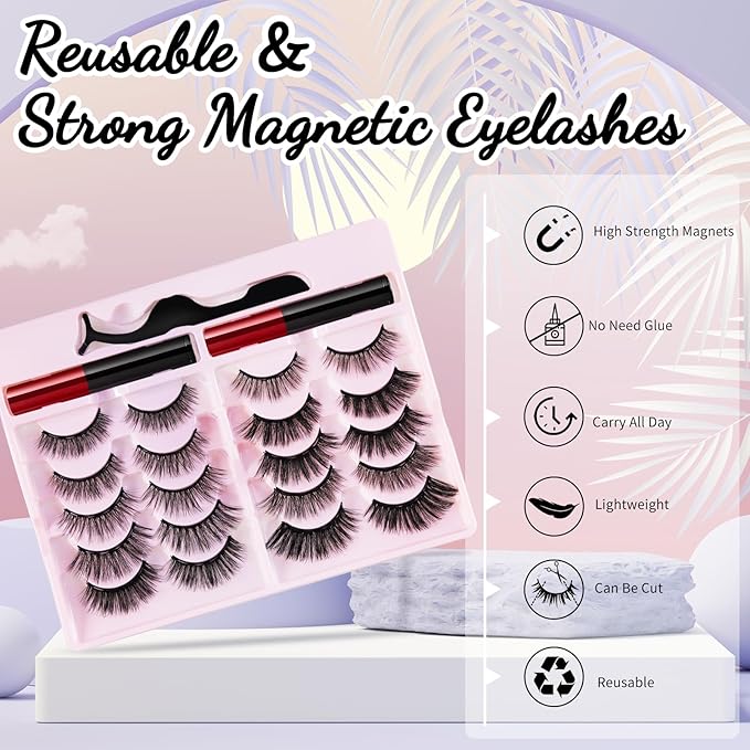 Magnetic Eyelashes with Magnetic Eyeliner Kit, Reusable Magnetic Lashes, 3D Natural Look False Eyelashes with Eyeliner and Tweezers