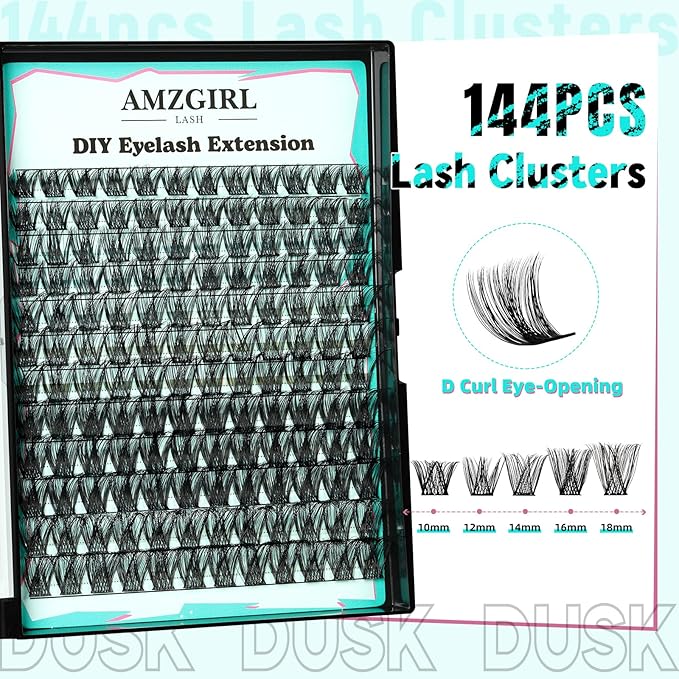 Lash Clusters 144pcs Cluster Eyelash Extensions D Curl Eyelash Clusters False Eyelashes Soft Comfortable Individual Lashes DIY Lash Extensions with Thin Band (Dusk, D-10-18mm)