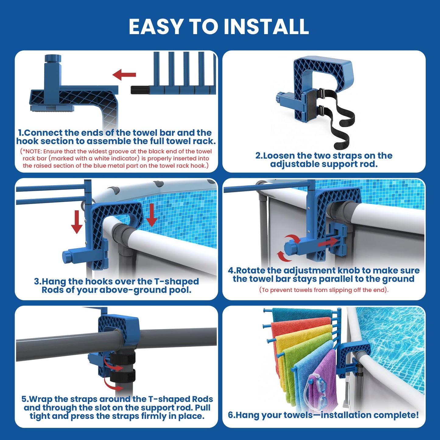 Aquajoyer Poolside Pool Towel Rack Outdoor for Above Ground Round Pools, Stainless Steel Swivel Pool Towel Holder 6 Bars Towel Dying Rack Towel Stand for Above Ground Pool Accessories [Patent Pending]