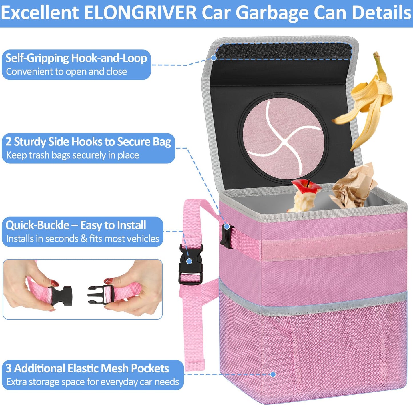 ELONGRIVER Car Trash Can Bin for Back Seat Leak Proof, Cute Car Trash Bag Hanging, Vehicle Trash Can for SUV Truck Van, Automotive Garbage Cans Front Seat Pink