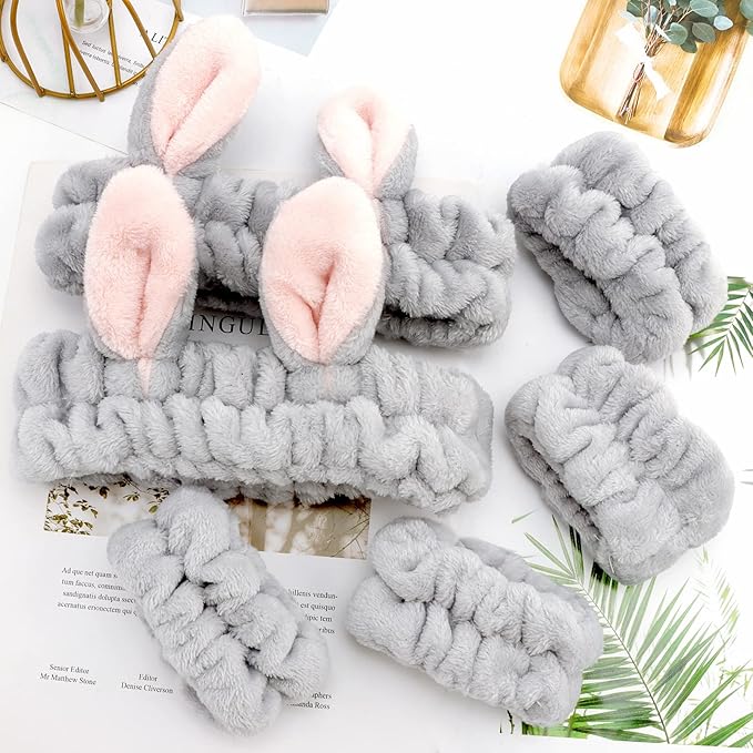 YISSION Cute Bunny Ear Spa Headband and Wristband Set for Women and Girls - Soft Plush Makeup Headband with Wrist Towels for Face Washing, Skincare, Shower, Easter Party Favors (Gray)