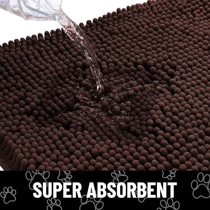 Smiry Dog Door Mat for Muddy Paws, Absorbent Dirt Trapper Non Slip Quick Dry Washable Chenille Mat for Mud Dogs, Entry Rug for Indoor and Outdoor (70x32 Inches, Brown and White)