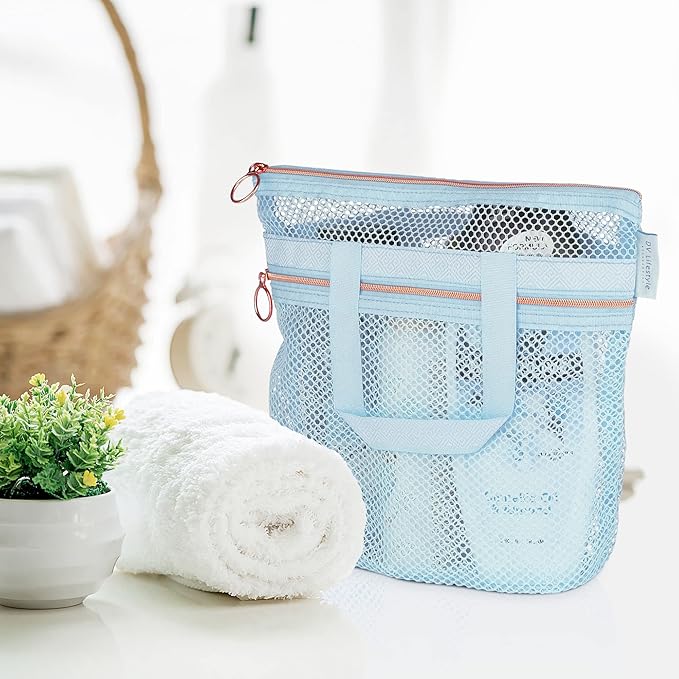 DV Lifestyle Mesh Shower Bag 10.2x9.9'' Quick-Dry Caddy with Zipper & 2 Pockets. Portable Toiletry Tote for Bathroom, Gym, Travel, Camp, Beach, for Sunscreen, Dorm & College Essentials (Blue)