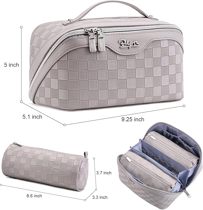 BOYATU Travel Makeup Bag Organizer Cosmetic Bag: 3 Pcs Set Make up Bags for Women with Handle - Waterproof Vegan Leather Toiletry Bags Travel Essentials Pouch with Compartments (03-A-Gray)