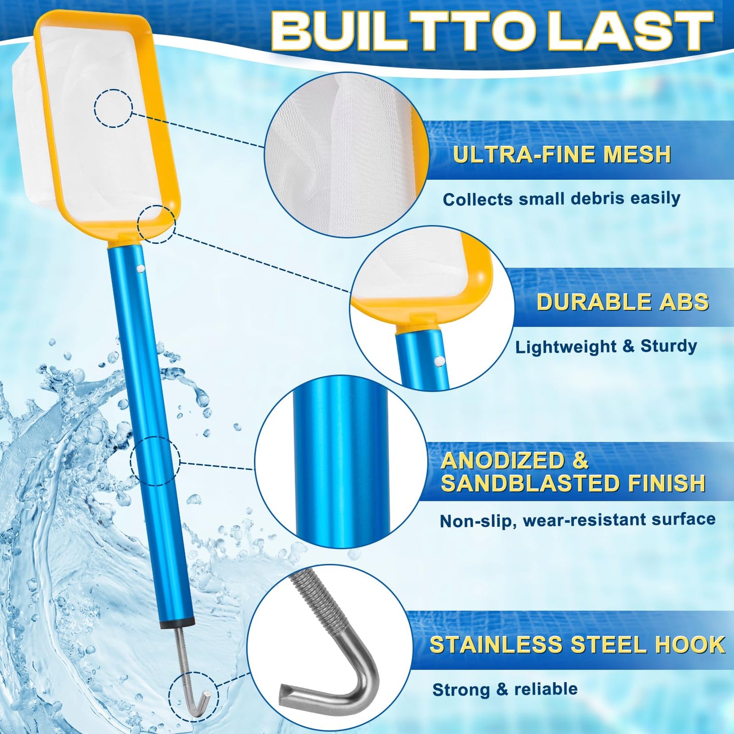 ComfyKit 22.5in 2-in-1 Pool Skimmer Tool with Stainless Steel Hook and Detachable Fine Mesh Net, Includes Skimmer Basket Handle, for Above Ground and Inground Pools