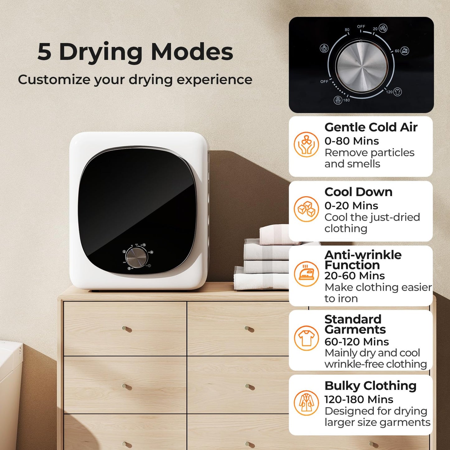 COSTWAY Portable Clothes Dryer, 1.5 cu.ft Compact Drying Machine with Stainless Steel Tub, 800W Electric Laundry Dryer with 5 Modes, Small Vented Tumble Dryer for Apartment, Home, Dorm & RV, White