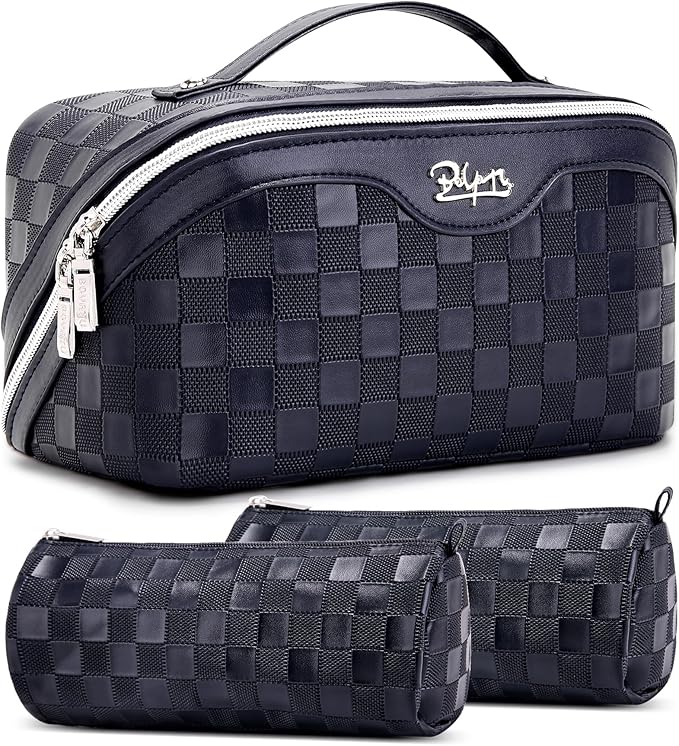 BOYATU Travel Makeup Bag Organizer Cosmetic Bag: 3 Pcs Set Make up Bags for Women with Handle - Waterproof Vegan Leather Toiletry Bags Travel Essentials Pouch with Compartments (03-A-Dark Blue)