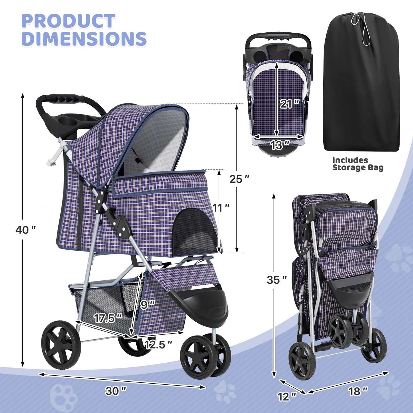 Magshion 3-Wheel Pet Stroller, Foldable Travel Jogger for Small & Medium Dogs & Cats (Up to 33lbs), Lightweight Carrier with Breathable Mesh Cover, Cup Holder & Storage Basket, Plaid