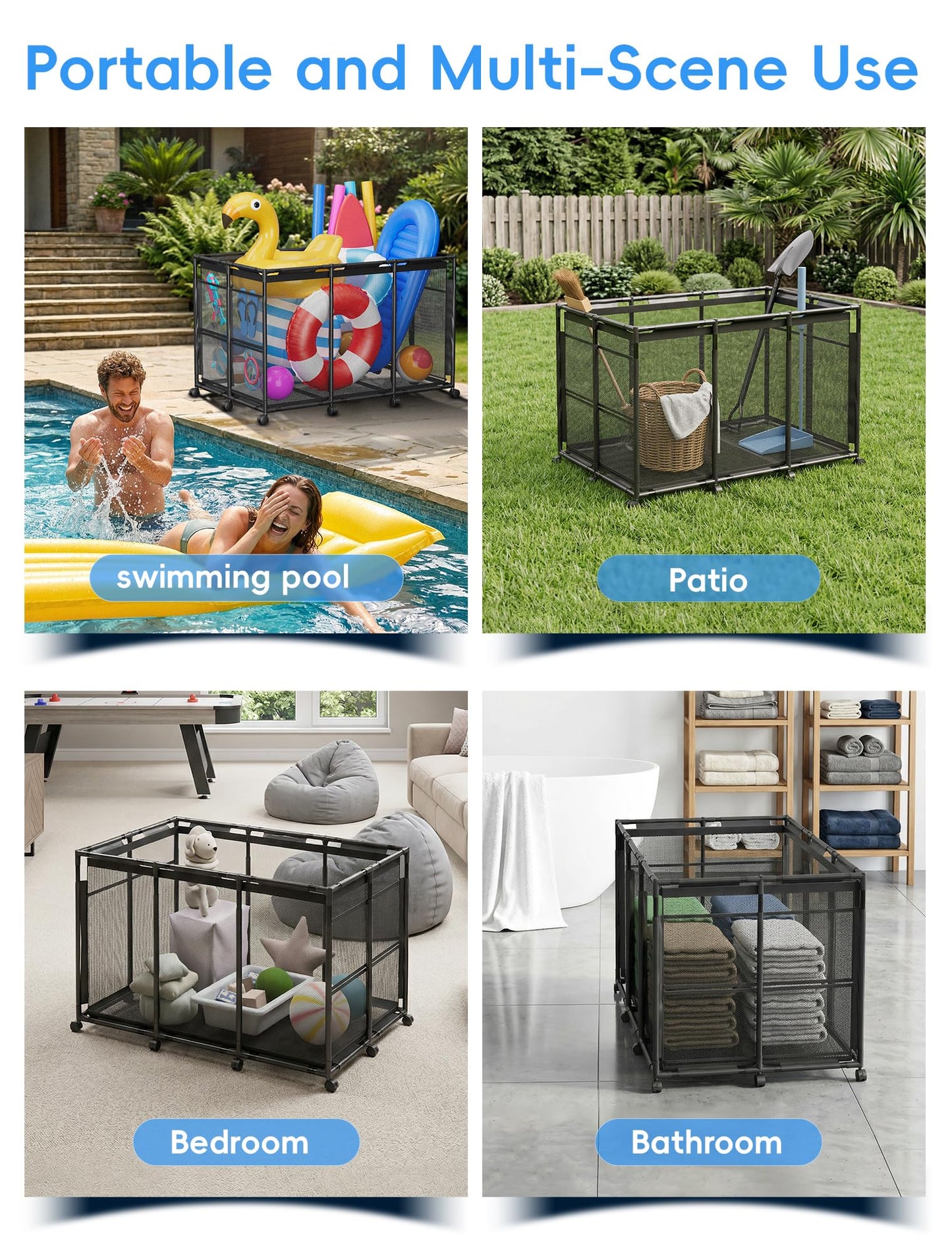 Kompoll Pool Float Storage - Rolling Mesh Pool Storage Bin for Noodles, Goggles, Floats & Balls, XXL Large Outdoor Pool Toy Organizer with Wheels for Swimming Accessories, Black