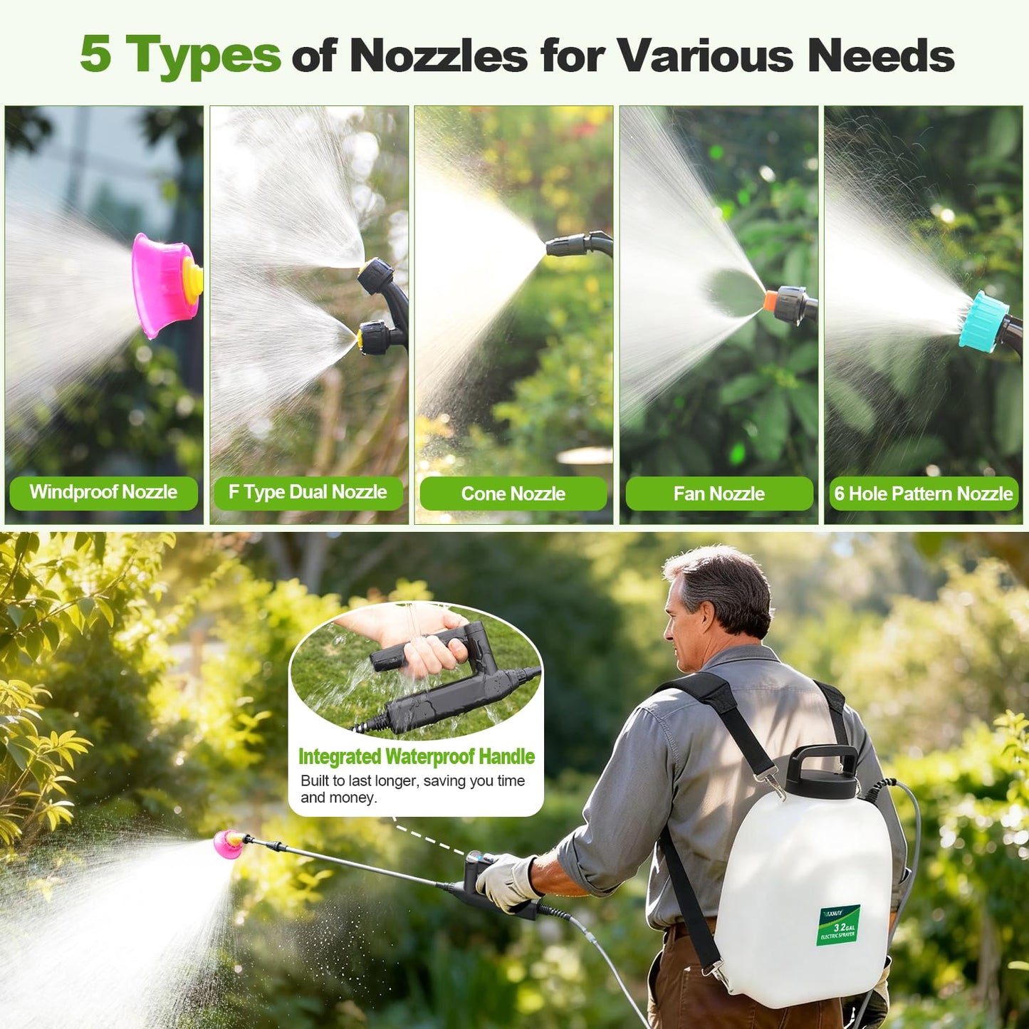 VAXMAY Battery Powered Sprayer 3.2 Gallon, Backpack Sprayer with 3 Adjustable Forces, Battery Indicator, 5 Mist Nozzles, 41" Retractable Wand, USB Rechargeable Garden Sprayer for Weed Lawn Yard