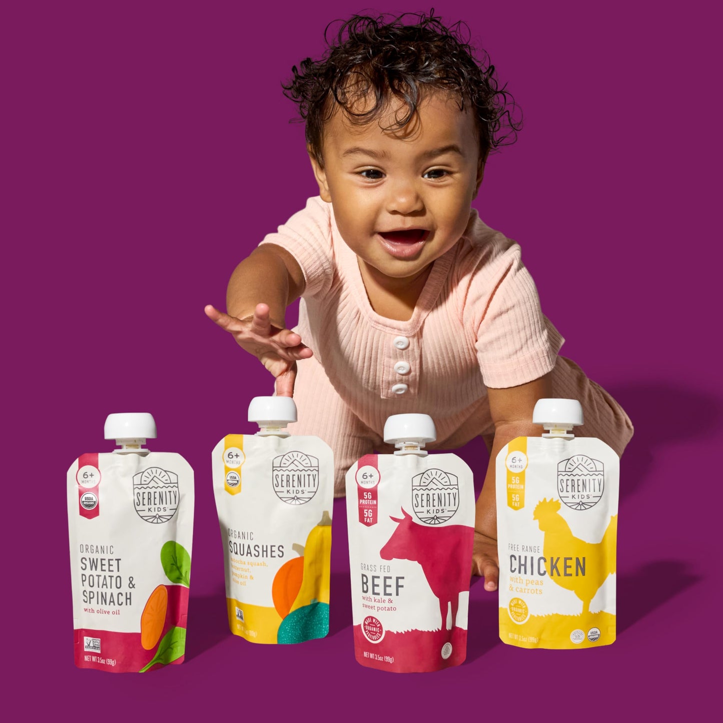 Serenity Kids 6+ Months Baby Food Puree Pouch - 5g Protein-Packed Toddler Snacks - Organic Meat & Veggie Food Pouches - Recyclable Containers for Toddler Meals - 3.5 Oz, Pack of 18
