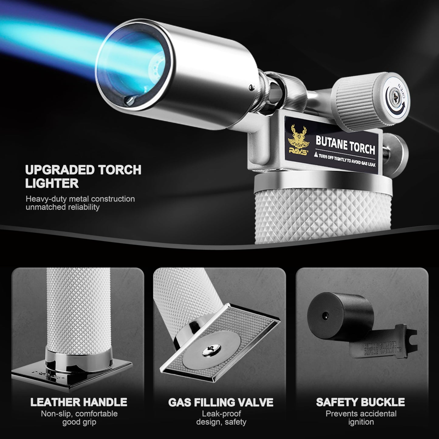 RAVS Butane Torch Lighter, Refillable Cooking Torch with Safety Lock and Adjustable Flame, Creme Brulee Torch for Baking, BBQ, White Mini Torch for Cooking, Gifts for Women, Butane Gas Not Included