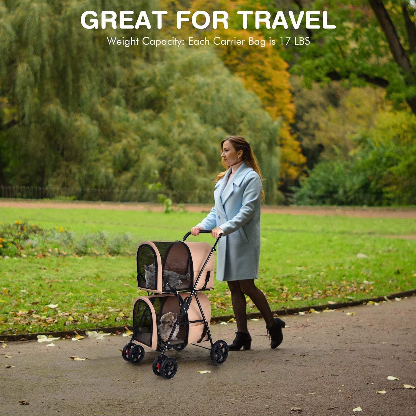 Giantex Double Pet Stroller with 2 Detachable Carrier Bags, Safety Belt, 4 Lockable Wheels, Folding Cat & Dog Stroller for Small Medium Pets, Cats Dogs Puppy Travel Strolling Cart (Beige)