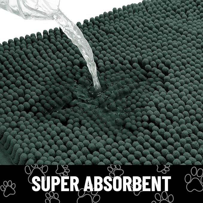 Smiry Dog Door Mat for Muddy Paws, Absorbent Dirt Trapper Non Slip Quick Dry Washable Chenille Mat for Mud Dogs, Entry Rug for Indoor and Outdoor (36x24 Inches, Green and White)