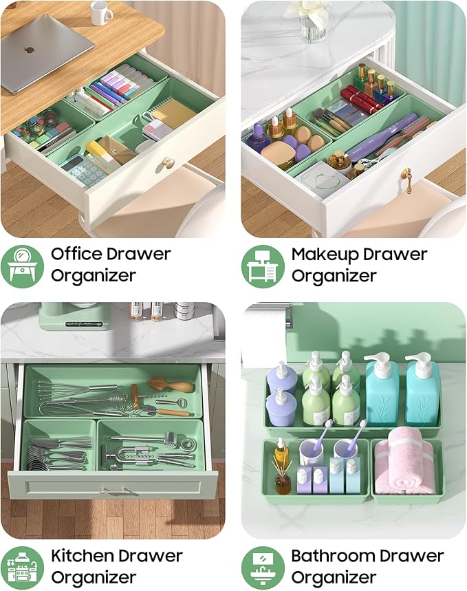 10 Pack Large Size Plastic Drawer Organizers Set, 3 Sizes Desk Drawer Organizer Trays, Storage Bins for Vanity, Makeup, Bathroom, Kitchen Utensils and Office (Green)