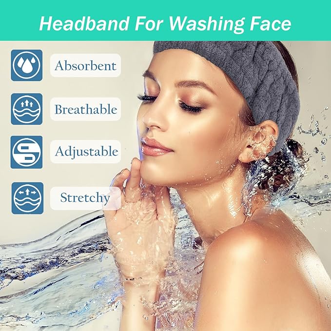 Microfiber Spa Headband 3-Pack, Soft Terry Cloth Headband for Washing Face, Facial Mask, Makeup, Shower, Yoga, Gift for Women and Teens (Black+Gray+Pink)