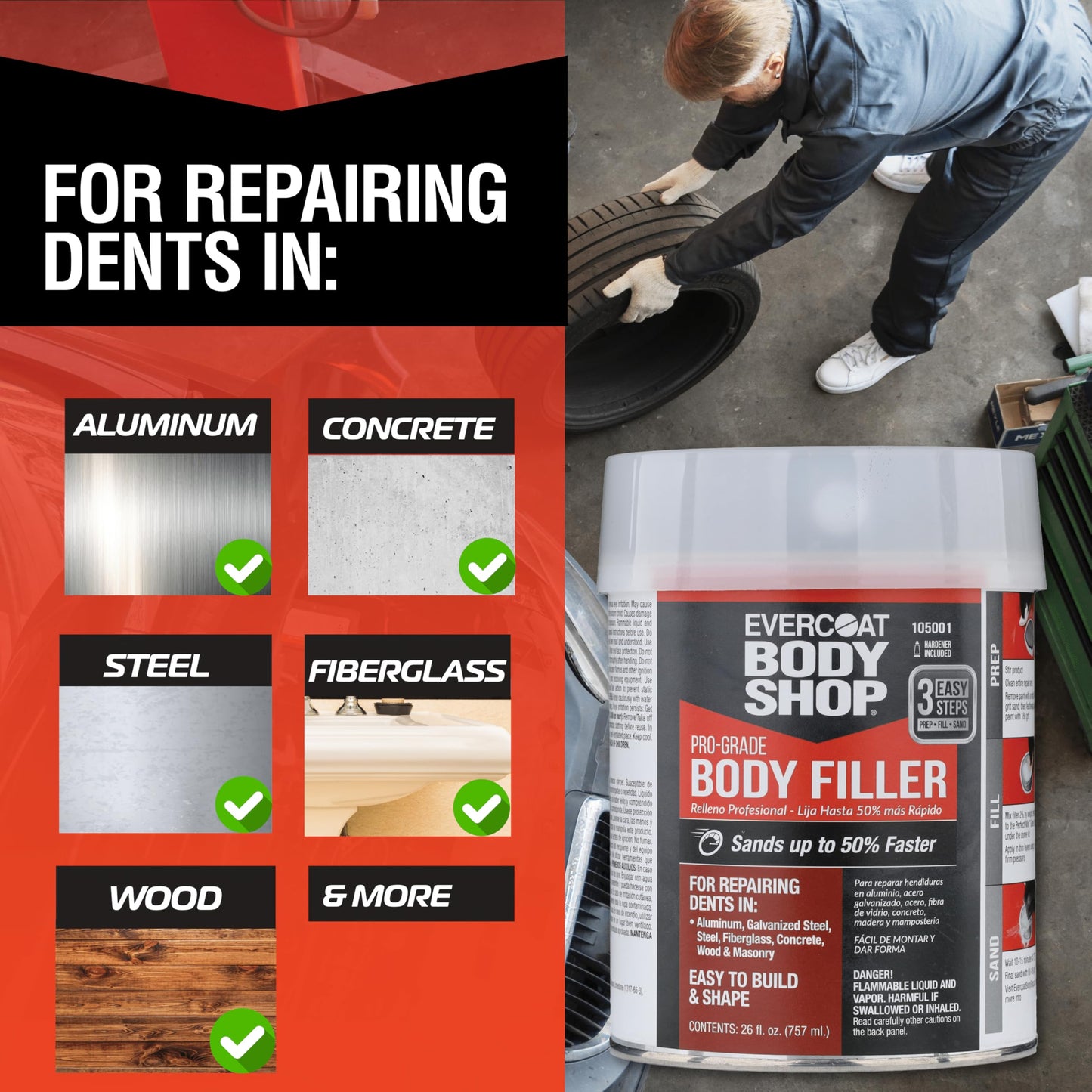 Evercoat Body Shop 105001 Pro-Grade Body Filler, Fast Drying and Lightweight Multipurpose for Dents in Aluminum, Fiberglass & More, Easy Mix Hardener Included 26 Fl Oz.
