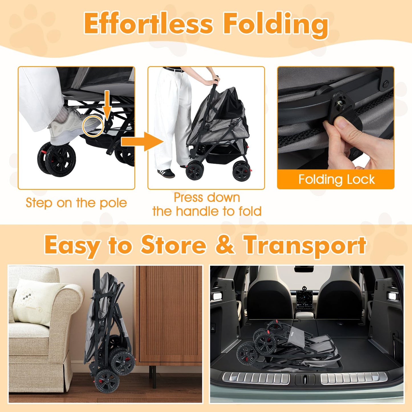 PETSITE Double Pet Stroller, Foldable Double Dog Stroller with 2-Seater Carrier, Adjustable Sunshade, Removable Pad, Safety Belt, Storage Basket, 4-Wheel Pet Travel Cart for 2 Puppies & Cats (Grey)