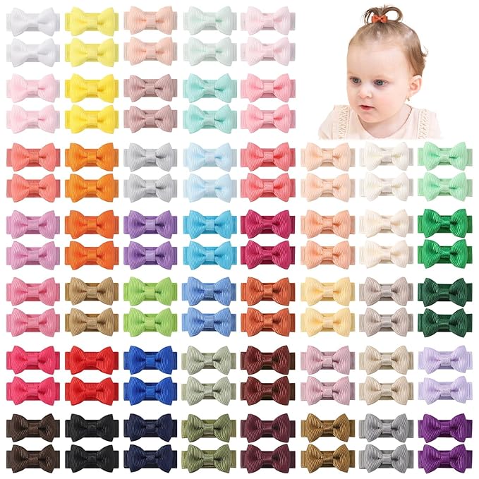 yoyokid 100PCS Baby Girls Snap Hair Clips, 1.2" Grosgrain Ribbon Tiny Hair Bows Clips for Baby Girls Toddlers Infant Fine Thin Hair (50 Colors in Pairs)
