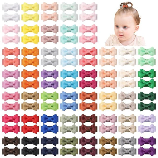 yoyokid 100PCS Baby Girls Snap Hair Clips, 1.2" Grosgrain Ribbon Tiny Hair Bows Clips for Baby Girls Toddlers Infant Fine Thin Hair (50 Colors in Pairs)