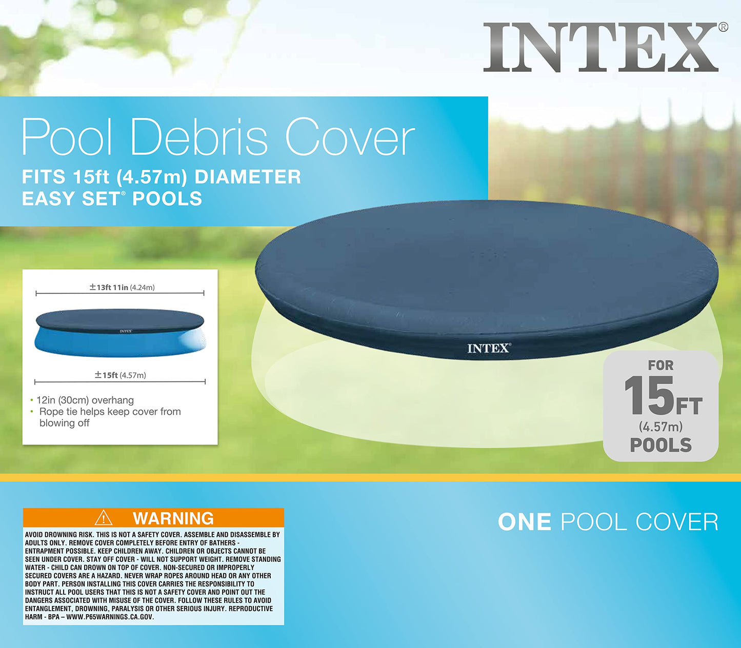 INTEX 28023E Pool Cover: for 15ft Round Easy Set Pools – Includes Rope Tie – Drain Holes – 12in Overhang – Snug Fit