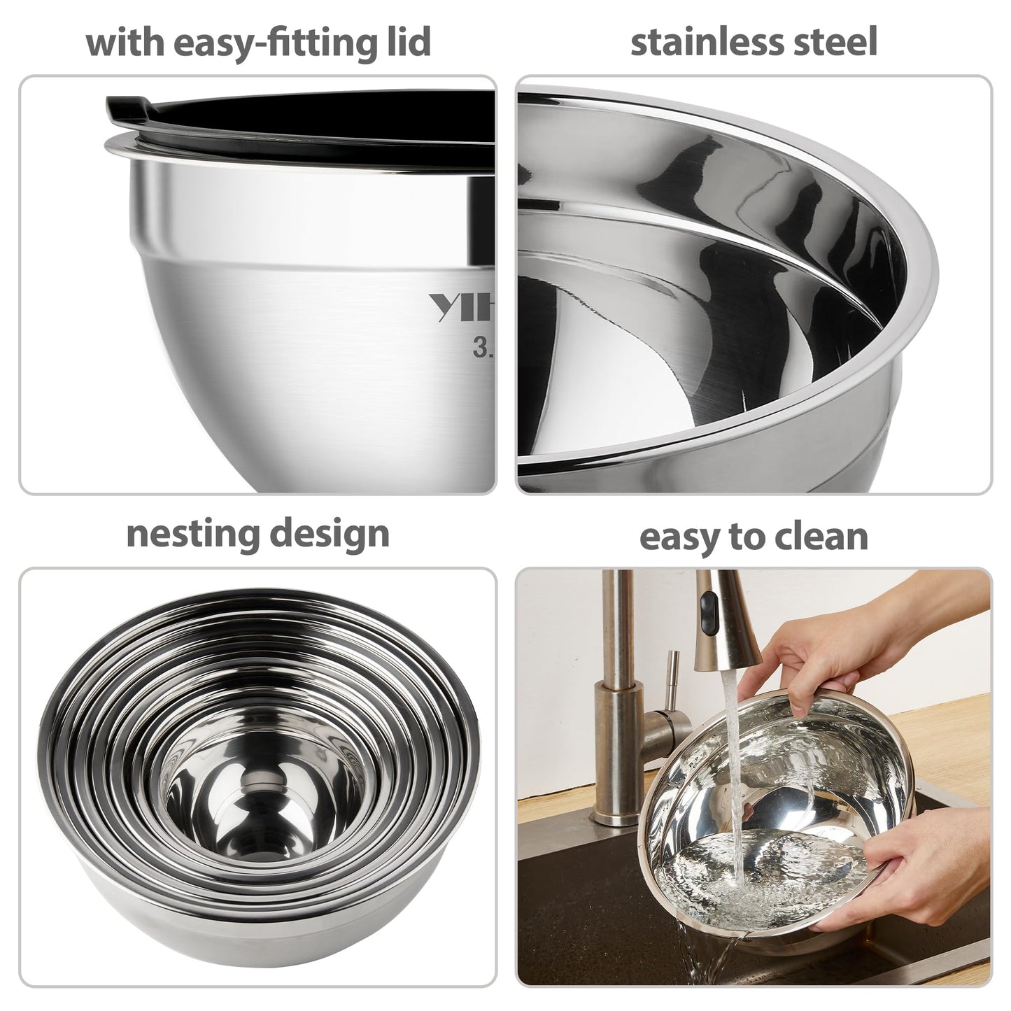 YIHONG 7 Piece Metal Mixing Bowls with Lids for Kitchen, Stainless Steel Set Ideal for Baking, Prepping, Cooking and Serving Food, Nesting Design for Space Saving Storage(Black)
